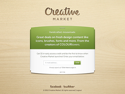 Creative Market ui signup launch teaser wood texture creative market social sharing beta free
