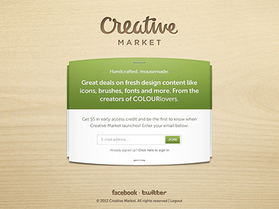 Creative Market beta creative free launch market sharing signup social teaser texture ui wood