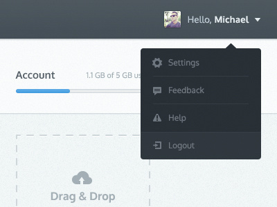 Drop-down account avatar feedback help icons jumpshare load logout menu settings ui user ux
