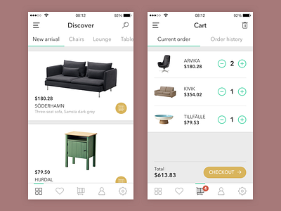 Shopping App cart e commerce furniture app ios mobile app sketch