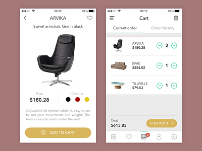 Shopping App vol. 2. cart e commerce furniture app ios mobile app sketch