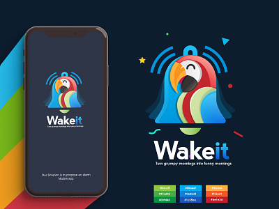 wake it app app design app logo bell bird branding cheerful colorful fun grid construction icon logo logo design logotype memoriable morning notification phone app