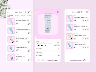 Skincare Products Shopping - Mobile App app beauty beauty product cart clean ui cosmetic cosmetics e commerce mobile mobile app mobile design mobile ui products shopping shopping app shopping cart skin care skincare user experience user interface