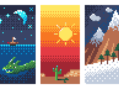 Triple Seasons in Pixel boat cactus desert design dragon graphic design illustration ipad landscape mountain ocean pixaki pixel stars trees