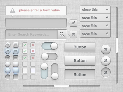 Vector UI Kit (PSD) button buttons checkbox design free freebie gui kit off on photoshop psd radio resource scrollbars scroolbar search search box searchbox switch tooltip ui ux vector