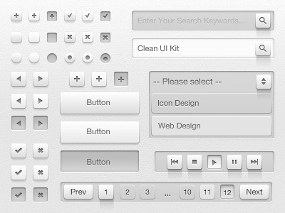 Clean UI Kit add art button buttons checkbox cross design dropdown element follow free freebie gui interface kit media next pagination photoshop plus previous psd radio resource tick toolbar ui user vector web