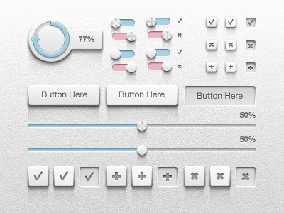 Detailed UI Kit add art buttons check color cross design detail follow gui kit loader metal off on photoshop plus psd shadow slider sliders switch tick ui user-interface ux vector free resource add freebie