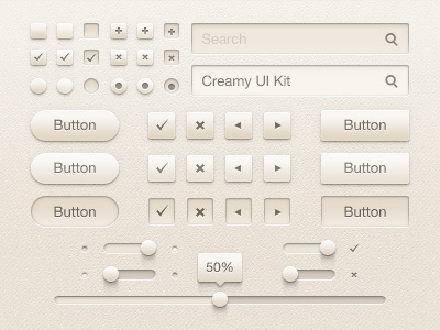 Creamy UI Kit button buttons checkboxes clean color cream creamy cross design detailed free freebie gui next off on photoshop previous psd radio resource search box shadow slider switch tick ui user interface ux vector