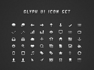 Glyph UI Icon Set 16x16 airplane app bucket comments csh cursor design free freebie glyph glyphs icon icons ipad iphone photoshop pixel png psd resource search set tick ui vector website