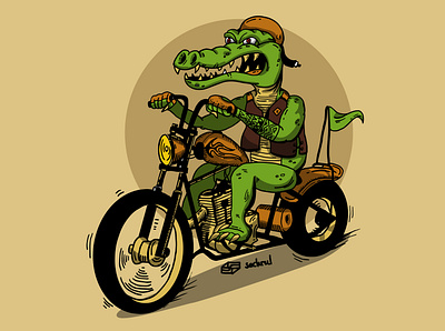 Crocodile on Motorcycle Illustration artist artwork arulustration cartoon character characterdesign chopper custom design illustration illustration art illustrator motorbike motorcycle vector