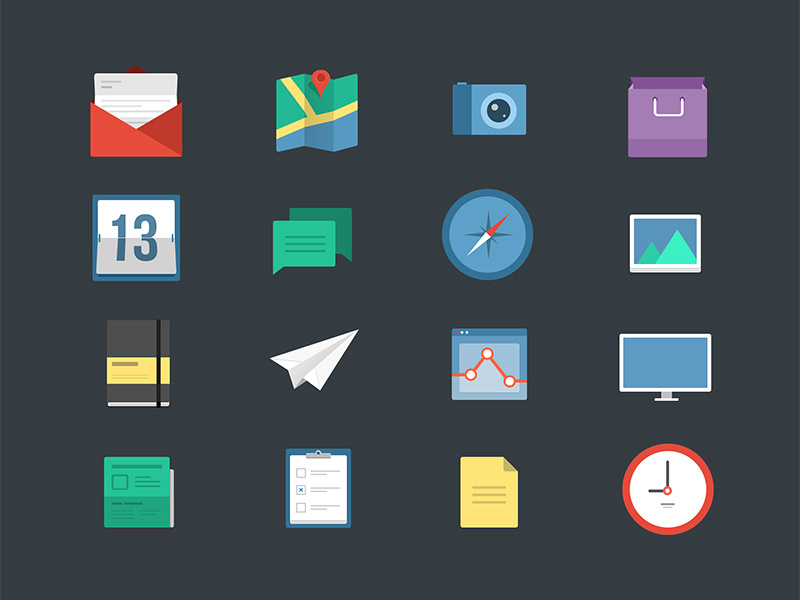 16 Flat Icons icons iconset flat freebie envelope map camera compass moleskine plane calendar
