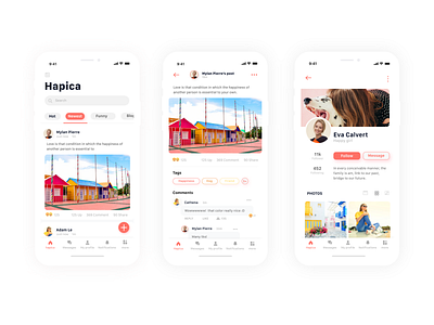 Social Media App - Hapica app color trend 2019 app happy happy app home ios app living coral sicial media app social media ui uiux user profile ux warm color