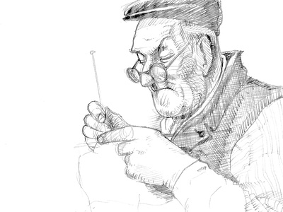 Elderly Knitter drawing illustration pencil sketches