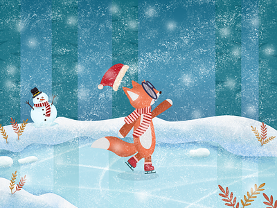 Ice Skating Time character design cute fox forest ice skating snow snowy day vector drawing winter illustration