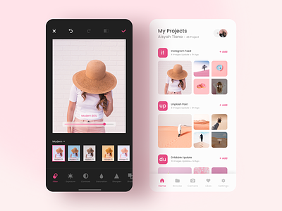 Photo Editing Apps application application ui clean editor filter gallery mobile app mobile app design mobile design mobile ui photo photo editor photo gallery photo ui pink project ui design ux design white