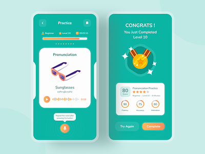 Language Learning Apps - Quizz & Scoring Screens application course course app english green language language app learning learning app level mobile app mobile design mobile ui practice quizz score scoring sound uidesign uxdesign