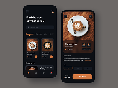 Coffee Shop Mobile Apps - Dark Mode application application ui brown chocolate coffee coffee shop dark dark mode dark ui food app glassmorphism mobile app mobile app design mobile design mobile ui order app order food order management ui design ux design