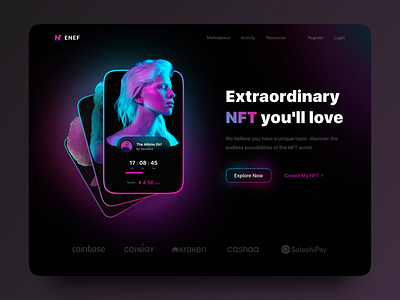 Enef - NFT Marketplace Website blockchain clean crypto cryptocurrency dark digital art glow gradient header hero section marketplace nft nftart nfts token ui ux web web design website design