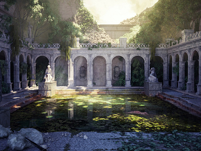 The fall of Rome ancient archviz column digital environment interior overgrown rome ruins scene sculpture