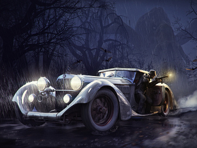Mr Benz and The Bulking Shape 20s 30s bats car cthulhu dark fear gangster illustration lovecraft mafia mercedes myth noir rain tentacles