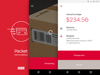 A packet is on it's way android app charge credit card material design scan