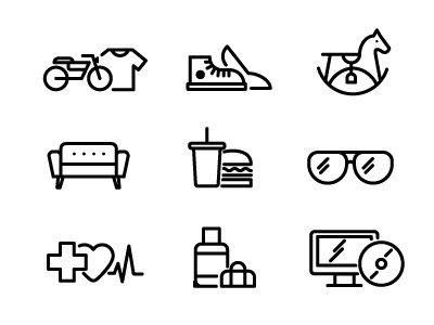 Random Icons food icon illustration lounge luggage medical motorbike shoes stroke sunglasses toy tshirt