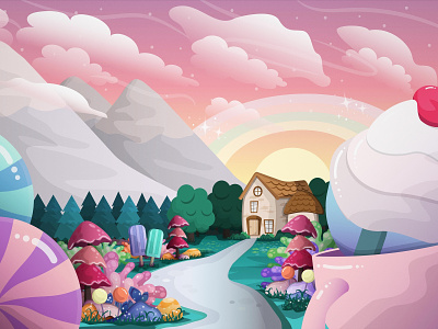 Magical Land Of Sweetness 2d art art candy candyland cartoon design dessert illustration landscape landscape illustration pink sweet vector