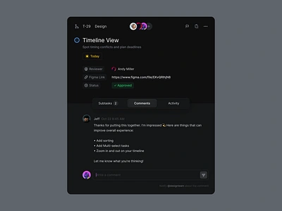 Task Modal comments component design system modal segmented control tabs tags task