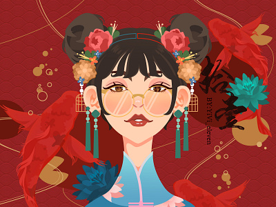 Chinese style chinese style design dribbble fish girl illustration red