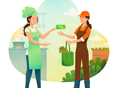 Fresh from farm to kitchen app carrot chef farm farmers market farming grocery illustration kitchen market vector