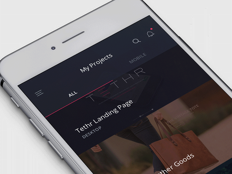 InVision Mobile App: My Projects dark invision ios mobile notifications projects prototype ui
