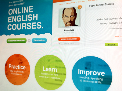 English Project - Homepage circles clouds education english fun homepage interactive language learning lessons steve jobs ui web website