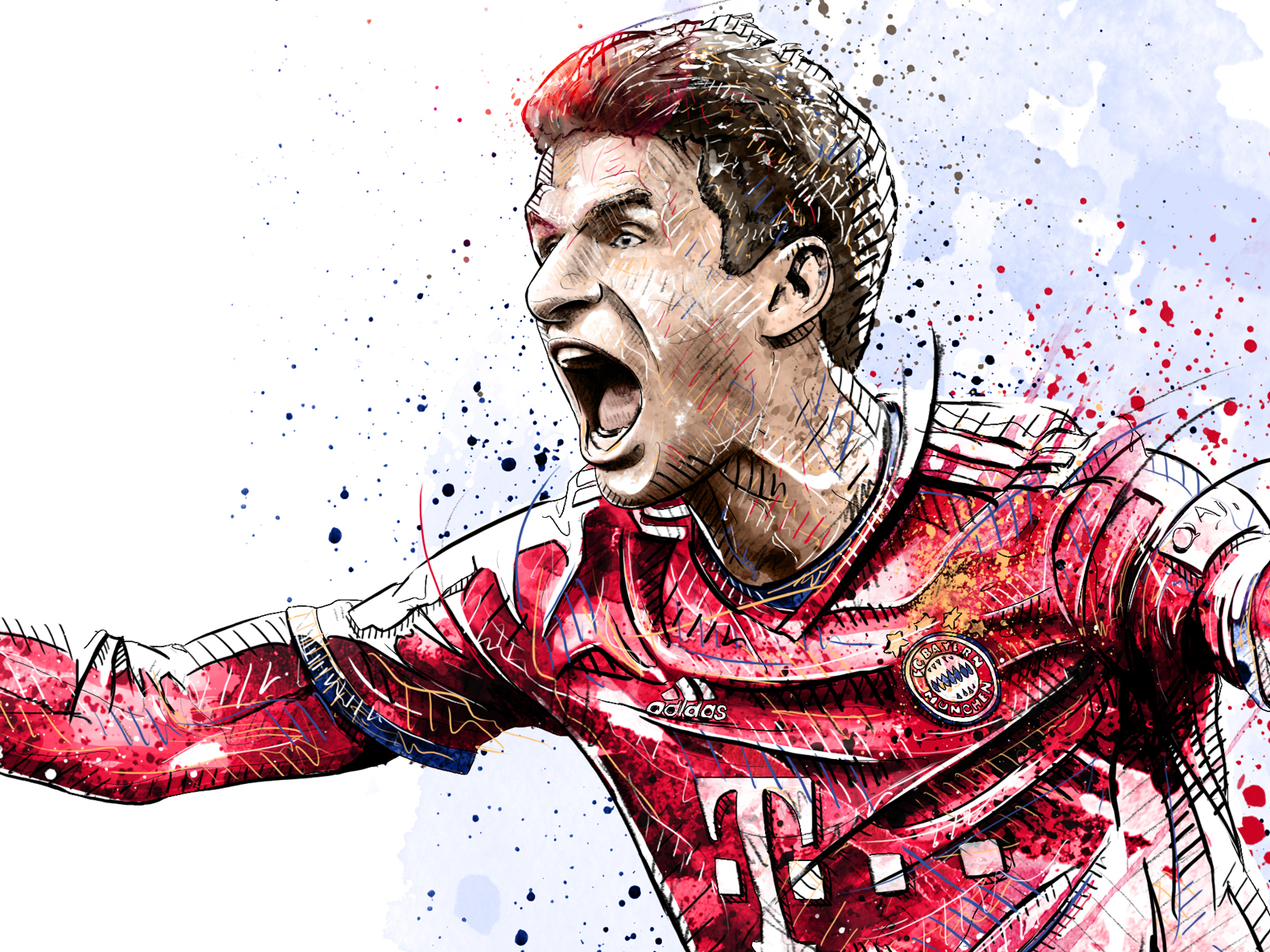 FC Bayern Munich Illustration: Thomas Mueller bayern munich digital art drawing football illustration ink pencil photoshop portrait soccer sport wacom watercolor