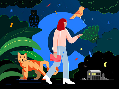 Night walk adobe cat culture festival festival poster festive girl character illustration night owl poster poster design vector