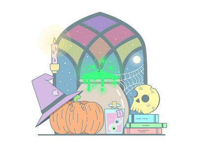 A sweet Halloween book candle halloween hat light night potion pumpkin skull spider window witch