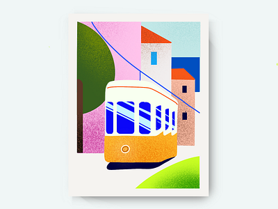 Tram with city illustration