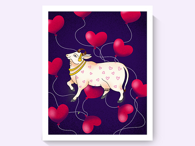 Mother Cow illustration with heart shapes