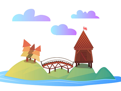 Little Island autumn flag house illustrate island trees water