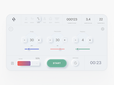 UX UI layout interface for Ricobi laser equipment in neomorphism