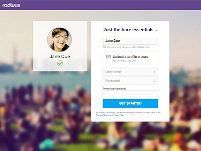 Radiuus.com sign up screen
