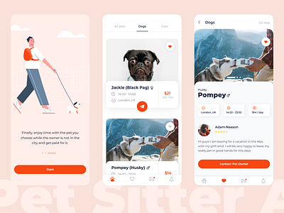 Pet Sitter App animal app button cats colorful dates design dogs how it works icons location mobile onboarding pet app price rate rating tabs