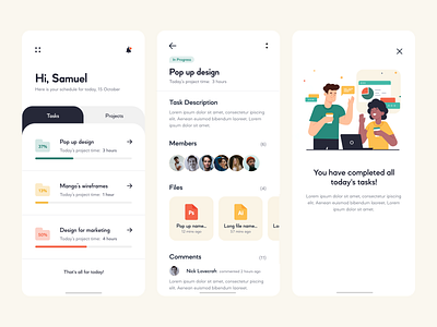 Task Management App app comments design figma files green illustrator job management app members menu mobile notifications photoshop pop up projects red tasks work yellow