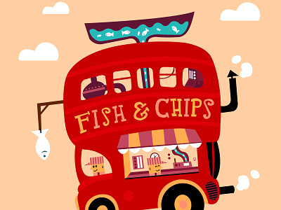 Fish & Chips bus chips fish graphic design illustration london pink red sketch yellow