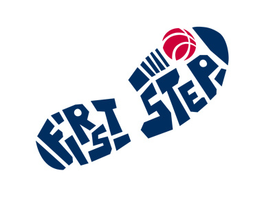 Logo First Step basketball blue footprint logo red sports