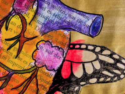 makes my heart flutter – detail acrylics butterfly gold heart neon pink newspaper sketchbook wings