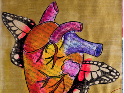 makes my heart flutter acrylics butterfly gold heart neon pink newspaper sketchbook wings
