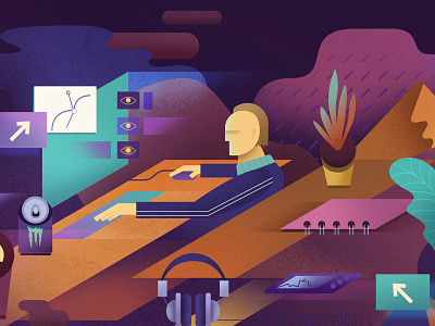 Illustrator at work. Mid part 80s desktop flat futurism glow gradients illustrator layers neon retro workspace