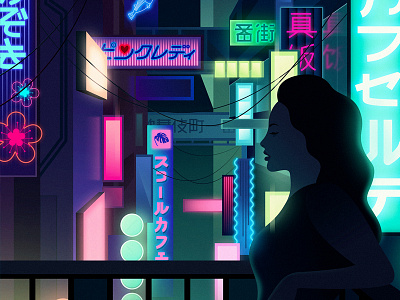 Night in Tokyo affinitydesigner bladerunner cyberpunk future futuristic illustration neon neonlights vector