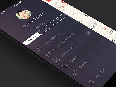 Landmark Menu application design design gis map menu mobile purple ui ux