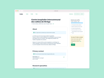Screens for a clinical trial marketplace form product design profile